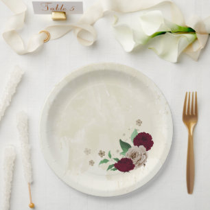 Burgundy champagne flowers wedding paper plate