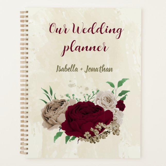 Burgundy champagne flowers wedding planner (Front)