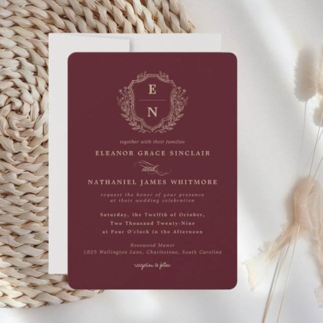 Burgundy Champagne Gold Crest Monogram Wedding Invitation (Burgundy Champagne Gold Crest Monogram Wedding Invitation)
