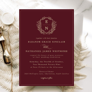 Burgundy Champagne Gold Crest Monogram Wedding Invitation