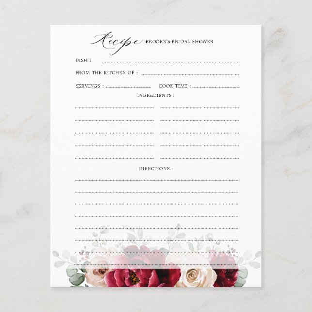 Burgundy Champagne Ivory Bridal Shower Recipe (Front)