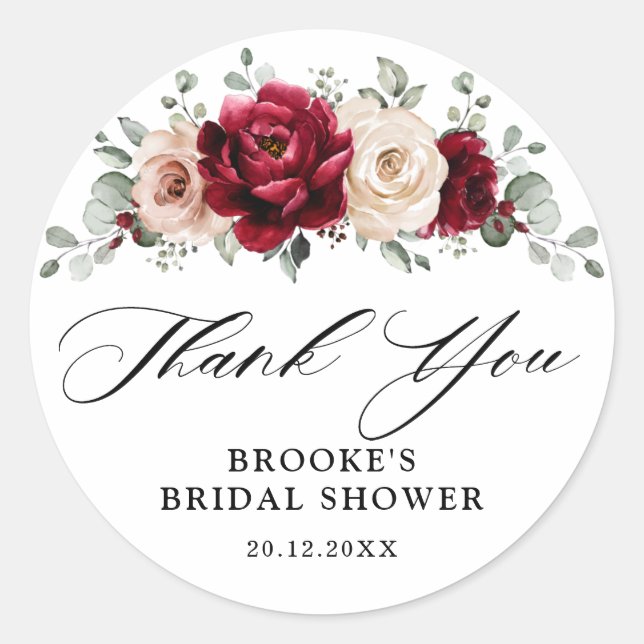 Burgundy Champagne Ivory Bridal Shower Thank you Classic Round Sticker (Front)