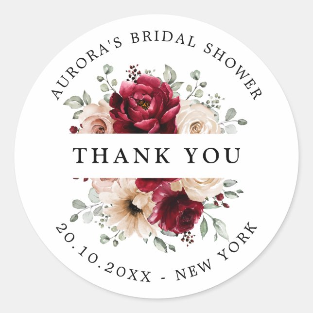 Burgundy Champagne Ivory Bridal shower thank you Classic Round Sticker (Front)