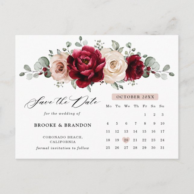 Burgundy Champagne Ivory  Calendar Save the Date Postcard (Front)