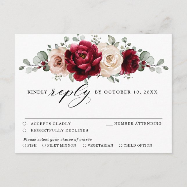 Burgundy Champagne Ivory Mauve Rose Floral  RSVP Postcard (Front)