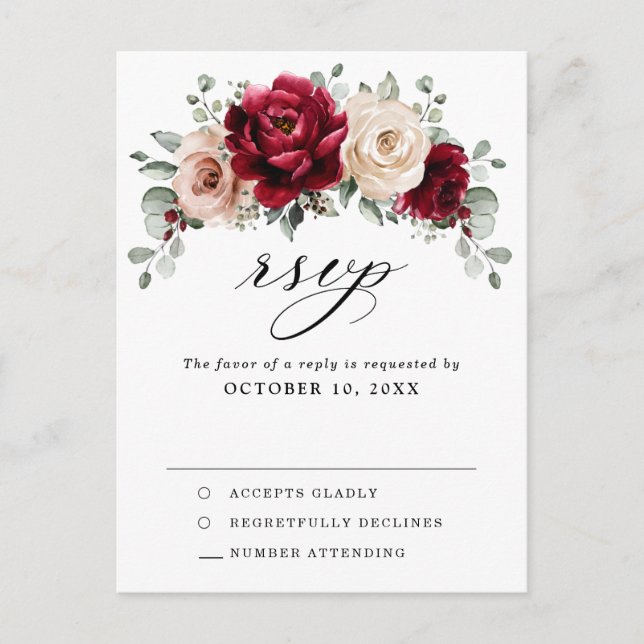 Burgundy Champagne Ivory Mauve Rose Floral RSVP Postcard (Front)