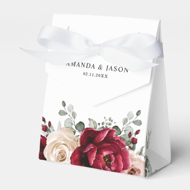 Burgundy Champagne Ivory Mauve Rose Floral Wedding Favour Box (Front Side)