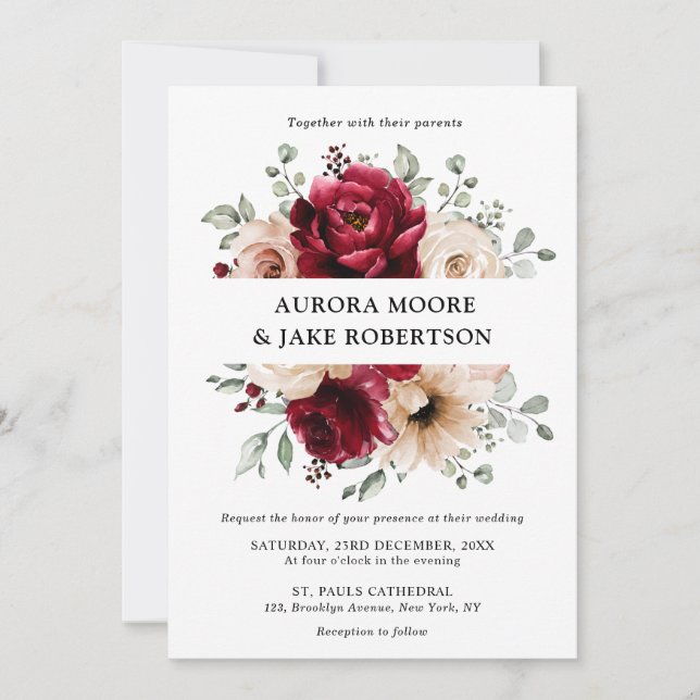 Burgundy Champagne Ivory Mauve Rose Floral Wedding Invitation (Front)