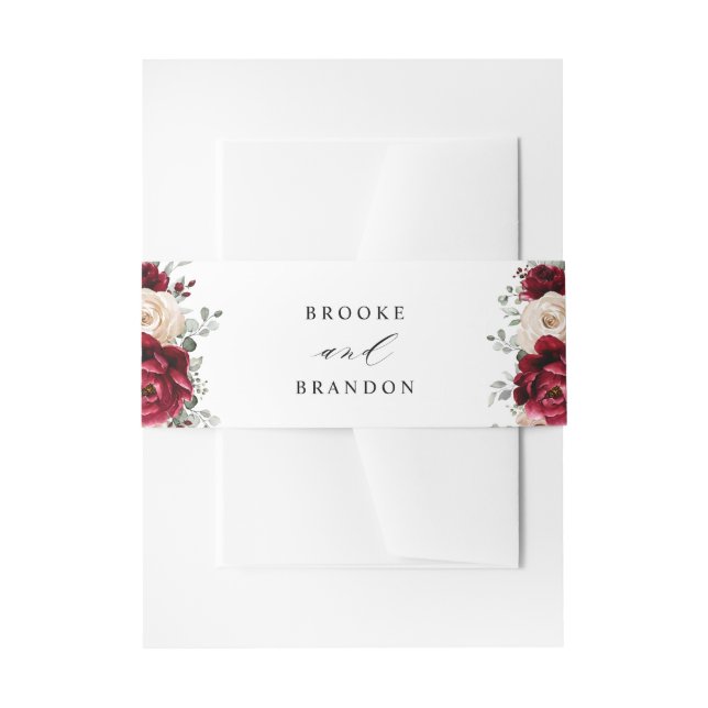 Burgundy Champagne Ivory Mauve Rose Floral Wedding Invitation Belly Band (Front Example)