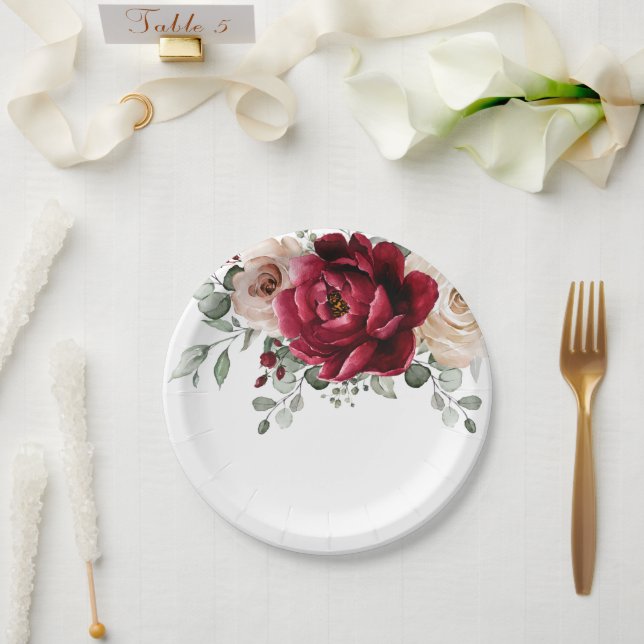 Burgundy Champagne Ivory Mauve Rose Floral Wedding Paper Plate (Wedding)