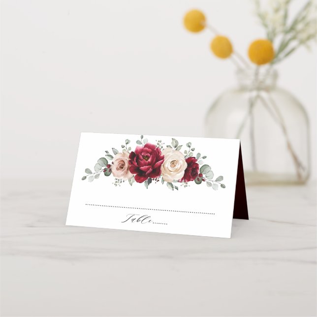 Burgundy Champagne Ivory Mauve Rose Floral Wedding Place Card (Front)