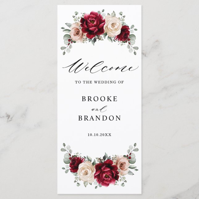 Burgundy Champagne Ivory Mauve Rose Floral Wedding Programme (Front)