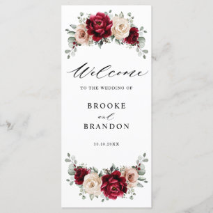 Burgundy Champagne Ivory Mauve Rose Floral Wedding Programme