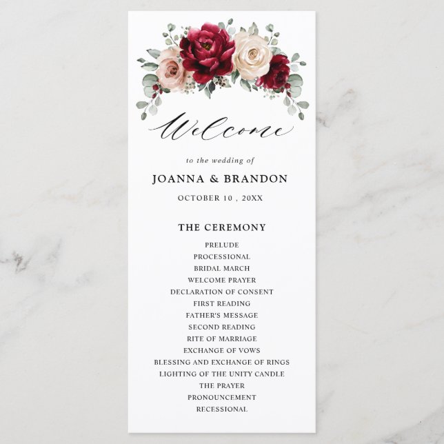 Burgundy Champagne Ivory Mauve Rose Floral Wedding Programme (Front)