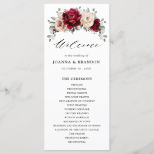 Burgundy Champagne Ivory Mauve Rose Floral Wedding Programme