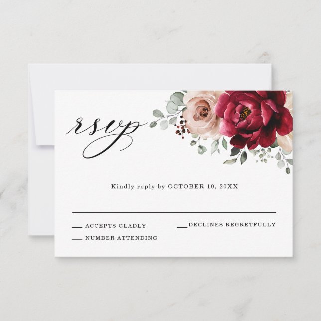 Burgundy Champagne Ivory Mauve Rose Floral Wedding RSVP Card (Front)