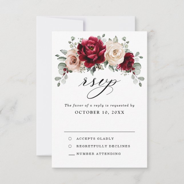 Burgundy Champagne Ivory Mauve Rose Floral Wedding RSVP Card (Front)