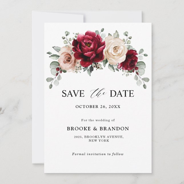 Burgundy Champagne Ivory Mauve Rose Floral Wedding Save The Date (Front)