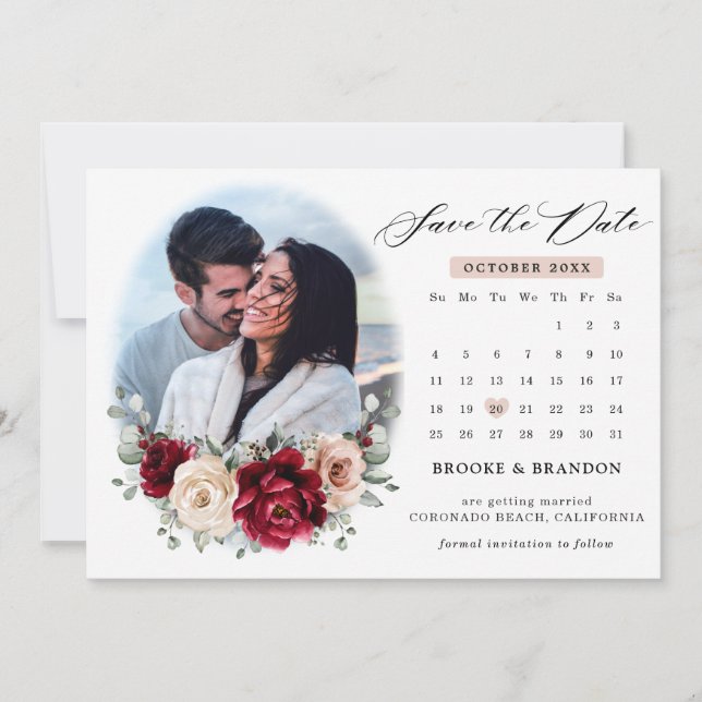Burgundy Champagne Ivory Mauve Rose Floral Wedding Save The Date (Front)