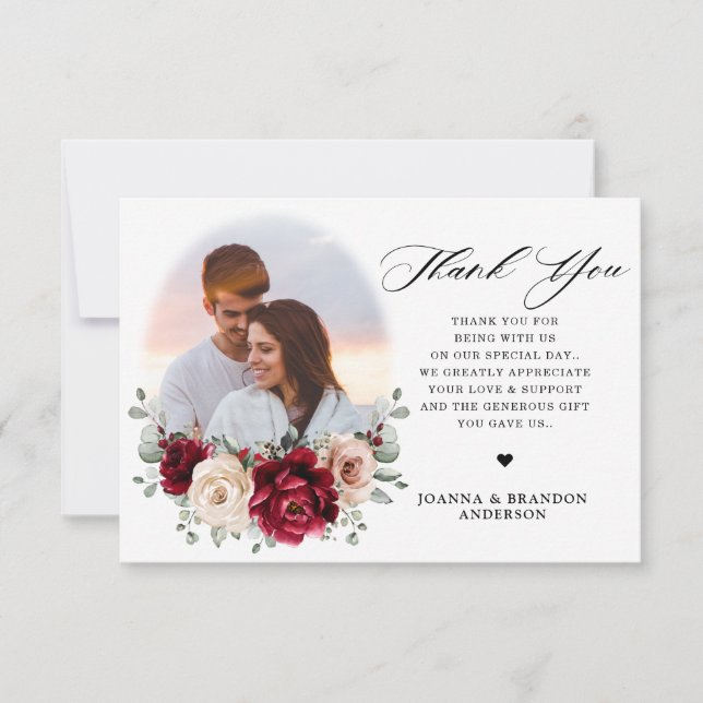 Burgundy Champagne Ivory Mauve Rose Floral Wedding Thank You Card (Front)