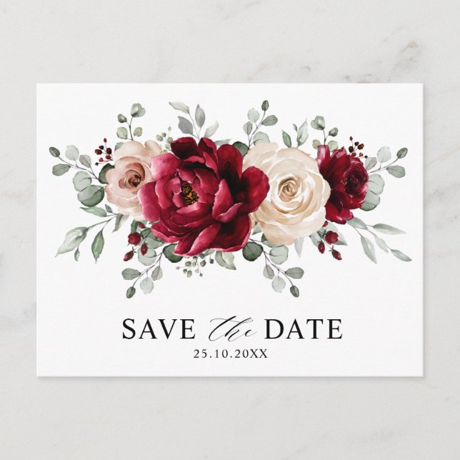 Burgundy Champagne Ivory Mauve Rose Save the Date Postcard (Front)