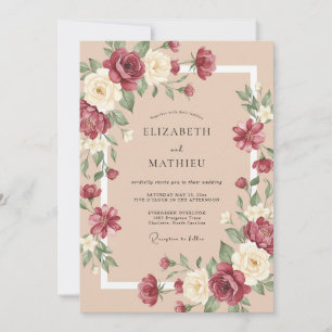 Burgundy Champagne Ranunculus Eucalyptus Wedding Invitation