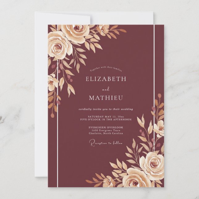 Burgundy Champagne Rose Wedding Invitation (Front)