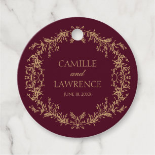 Burgundy Champagne Toile Floral Frame Wedding Favour Tags
