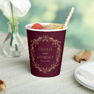 Burgundy Champagne Toile Floral Frame Wedding Paper Cups