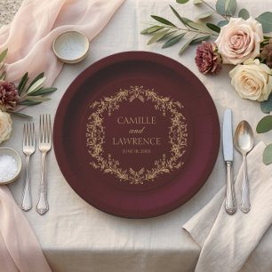 Burgundy Champagne Toile Floral Frame Wedding Paper Plate