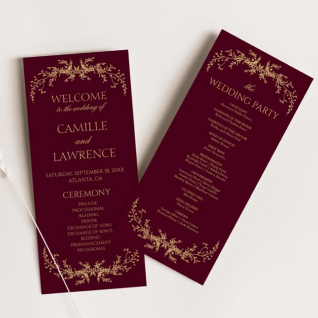 Burgundy Champagne Toile Floral Frame Wedding Programme (Creator Uploaded)