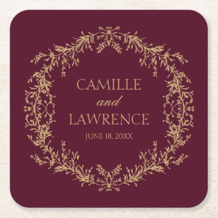 Burgundy Champagne Toile Floral Frame Wedding Square Paper Coaster