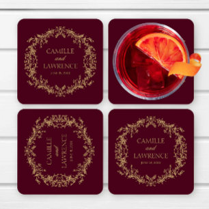 Burgundy Champagne Toile Floral Frame Wedding Square Paper Coaster