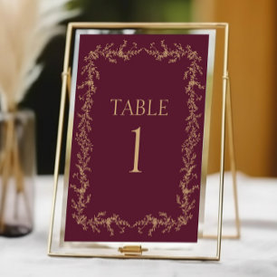 Burgundy Champagne Toile Floral Frame Wedding Table Number
