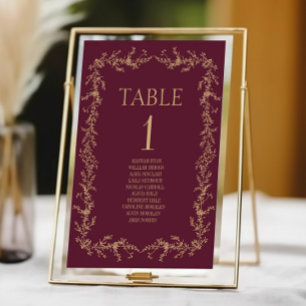 Burgundy Champagne Toile Floral Frame Wedding Table Number