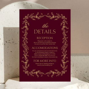 Burgundy Champagne Toile Floral Wedding Details Enclosure Card