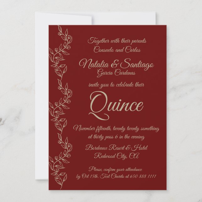 Burgundy Champagne Twin Boy Girl Fiesta de Quince Invitation (Front)