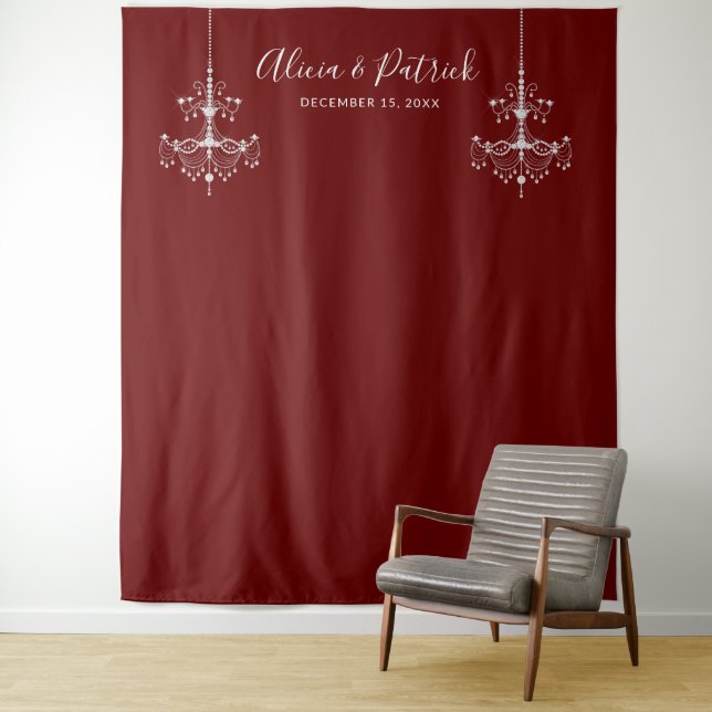 Burgundy Chandeliers Wedding Photo Backdrop Tapestry (In Situ)