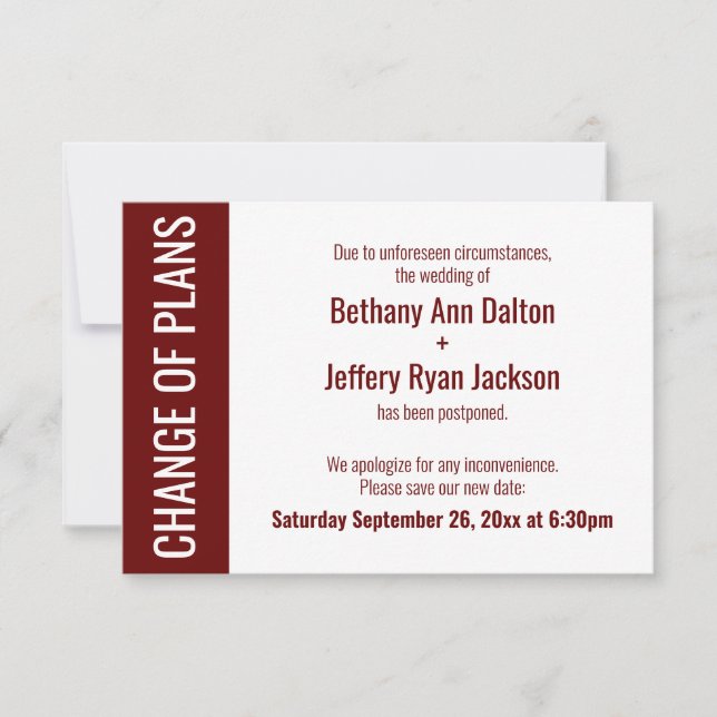 Burgundy Change of Plans Postponed Wedding Card (Front)