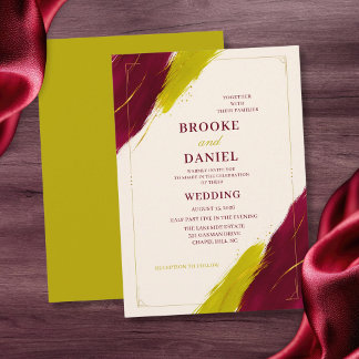 Burgundy Chartreuse Brushstroke Modern Wedding Invitation