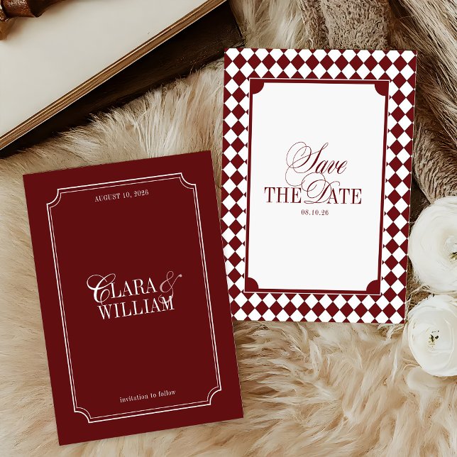 Burgundy Checkered Old Money Wedding Save The Date (Creator Uploaded)