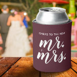 Burgundy Cheers To The New Mr. & Mrs. Wedding Can Cooler<br><div class="desc">Celebrate the newlywed or use the can cooler for casual wedding favours. Email @ JMR_Designs@yahoo.com if you need assistance or have any special request.</div>