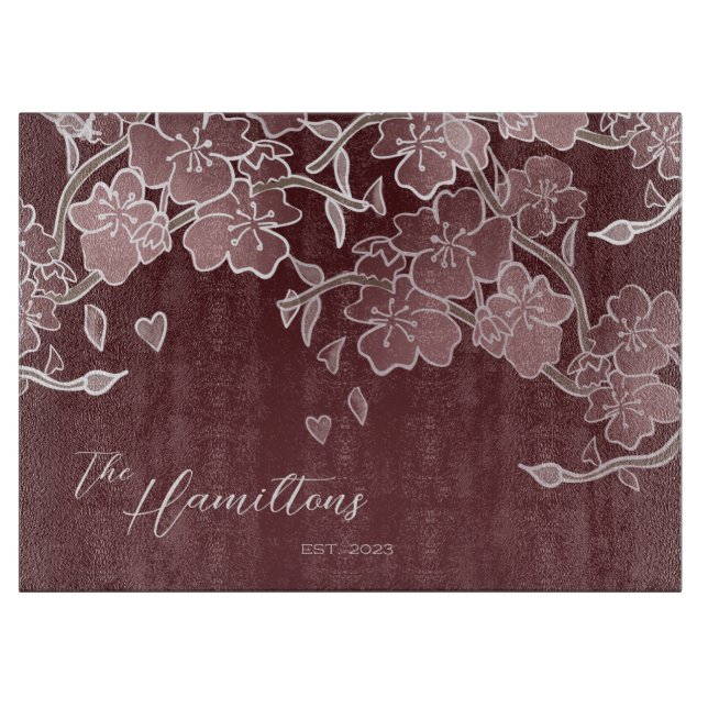 Burgundy Cherry Blossom Custom Established Year Cutting Board (Front)