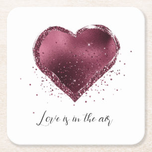 Burgundy Cherry Glitter Sparkle Heart Love  Square Paper Coaster