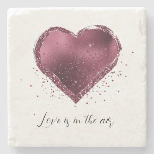 Burgundy Cherry Glitter Sparkle Heart Love  Stone Coaster
