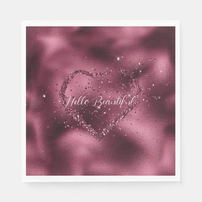 Burgundy Cherry Glitter Sparkle Heart   Napkin (Front)