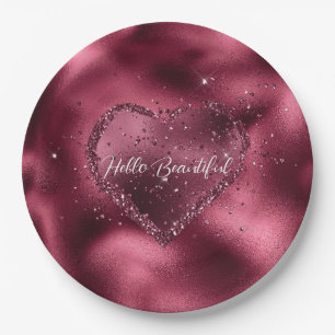 Burgundy Cherry Glitter Sparkle Heart   Paper Plate