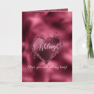 Burgundy Cherry Glitter Sparkle Heart Personalised Card
