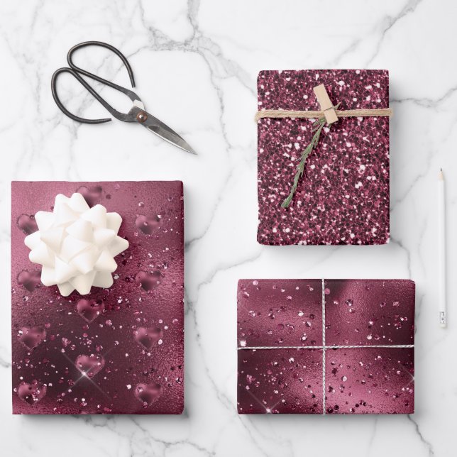 Burgundy Cherry Glitter Sparkle Heart   Wrapping Paper Sheet (Front)