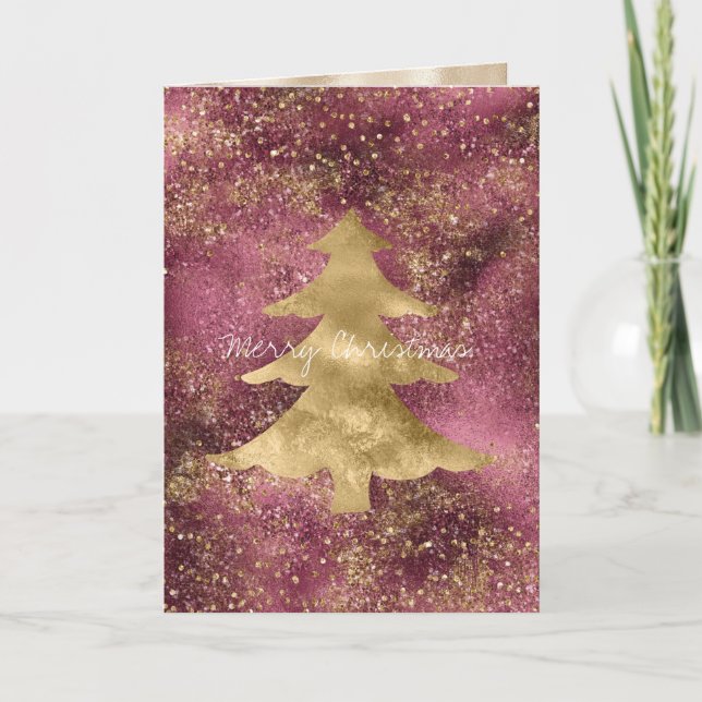 Burgundy Cherry Gold Glitter Christmas Tree       Card (Front)